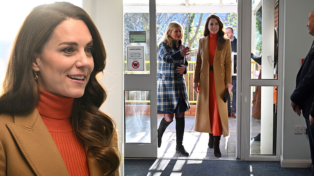 Kate Middleton Abrigo Camel Suéter Falda roja (Foto: Gtres)
