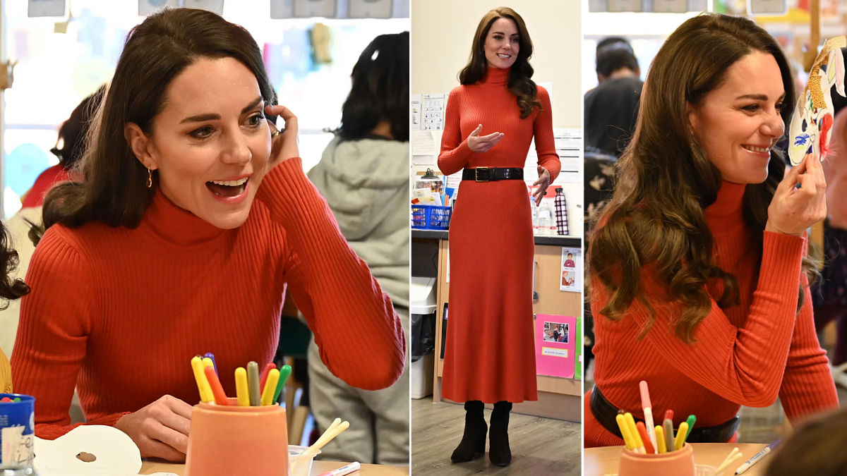 Kate Middleton Abrigo Camel Suéter Falda roja (Foto: Gtres)